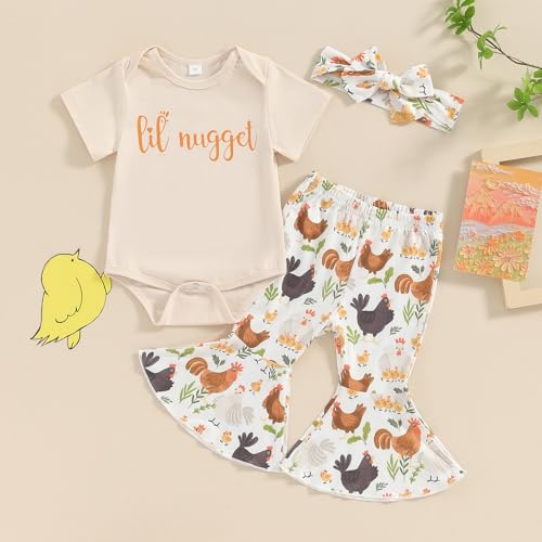 Karuedoo Newborn Baby Girl Farm Outfits Letter Print Short Sleeve Romper Chicken Flared Pants Headband 3Pcs Outfits Sets(B-Apricot, 6-12 Months) - Image 2