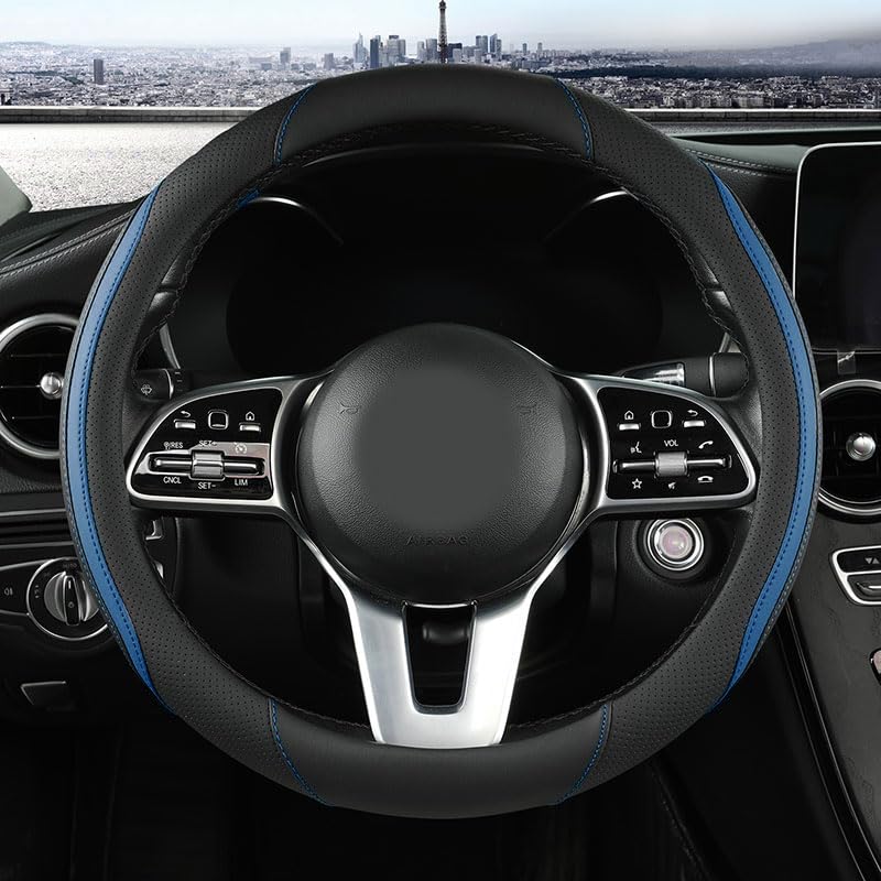 szttswamp Car Steering Wheel Cover Leather Steering Wheel Cover Blue Universal 14515 Inch Microfiber Leather AntiSlip Breathable Auto Steering Wheel Covers for Men Women BlackBlue2 - Image 1