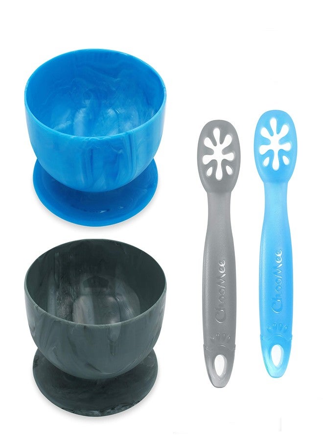 ChooMee Baby Suction Bowl & FlexiDip Learning Utensil Set, 4 CT Small, Blue Gray