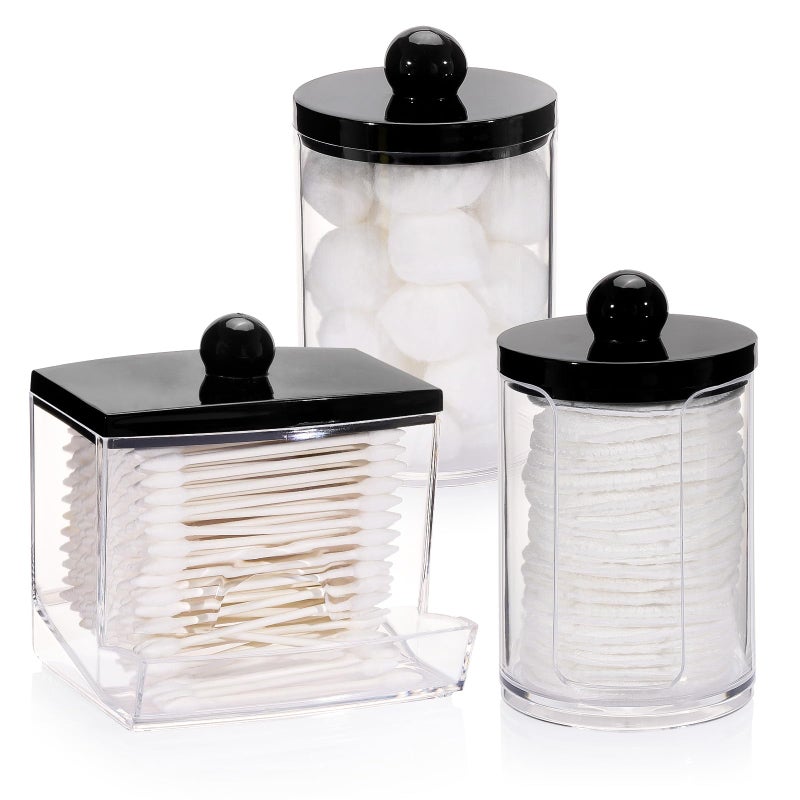 Tbestmax 10oz Cotton Ball Holder Qtips Dispenser, Bathroom Container Organizer for Storage Cotton Swabs, Pads - Apothecary Jar with Black Lids - Image 1