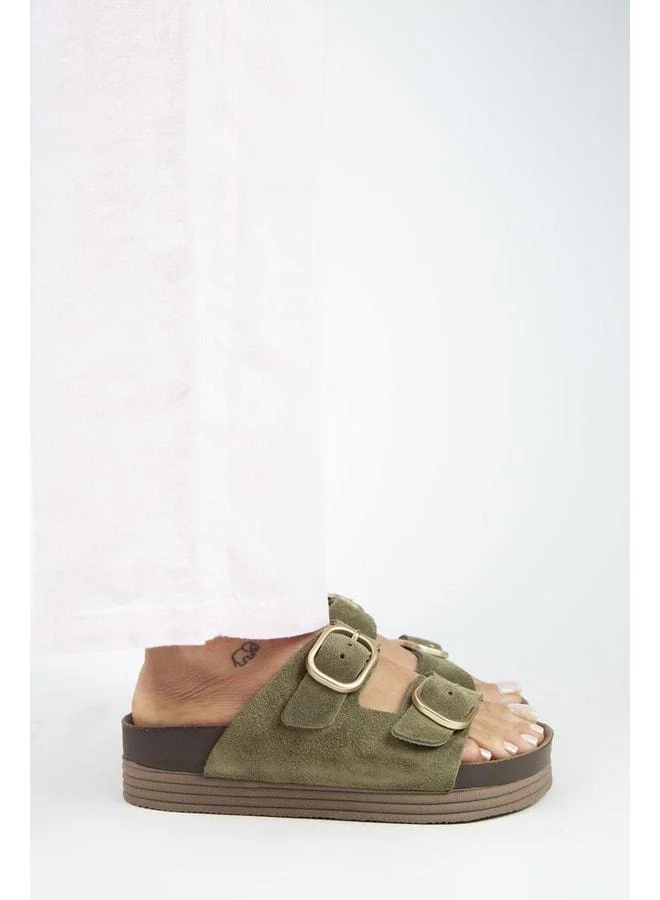 Alexa Women's Genuine Leather Double Buckle Platform Khaki Slippers.