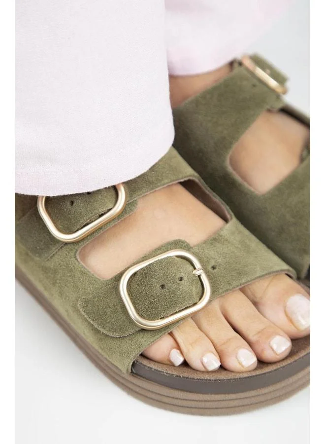 Manijero  Alexa Women's Genuine Leather Double Buckle Platform Khaki Slippers. for Women | Best Price UAE