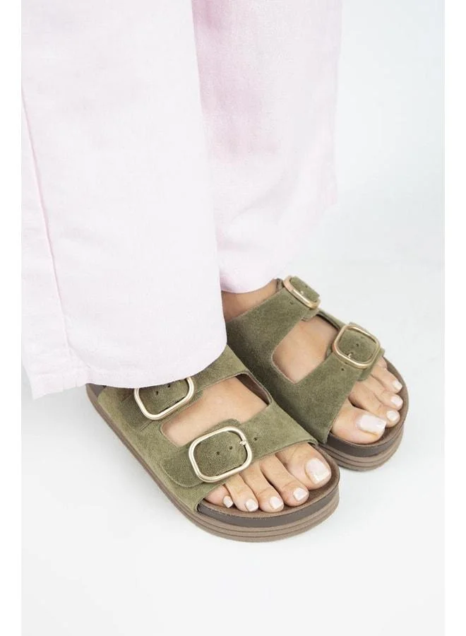 Manijero  Alexa Women's Genuine Leather Double Buckle Platform Khaki Slippers. for Women | Best Price UAE