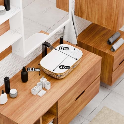 Inart Wash Basin – Table Top Basin, Counter Top Wash Basin for Bathroom, Modern Ceramic Tabletop Sink Washbasin Design for Living Room, Dining Hall, Washrooms – 45 X 32 X 13.5 cm, Gold - Image 4