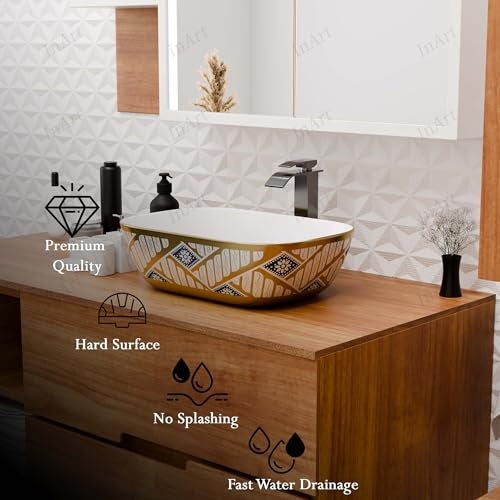 Inart Wash Basin – Table Top Basin, Counter Top Wash Basin for Bathroom, Modern Ceramic Tabletop Sink Washbasin Design for Living Room, Dining Hall, Washrooms – 45 X 32 X 13.5 cm, Gold - Image 2