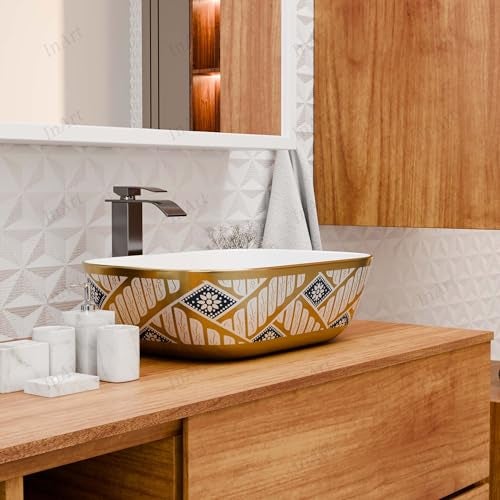 Inart Wash Basin – Table Top Basin, Counter Top Wash Basin for Bathroom, Modern Ceramic Tabletop Sink Washbasin Design for Living Room, Dining Hall, Washrooms – 45 X 32 X 13.5 cm, Gold - Image 3