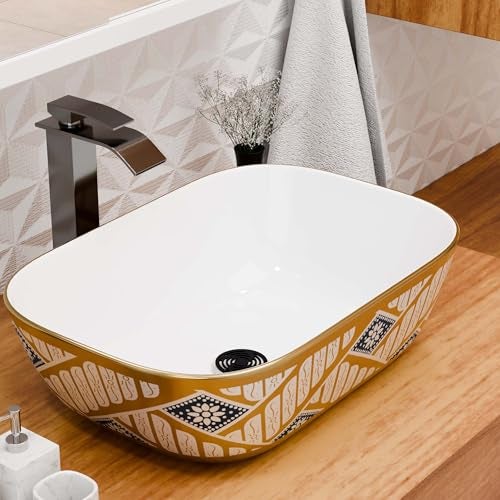 Inart Wash Basin – Table Top Basin, Counter Top Wash Basin for Bathroom, Modern Ceramic Tabletop Sink Washbasin Design for Living Room, Dining Hall, Washrooms – 45 X 32 X 13.5 cm, Gold - Image 1