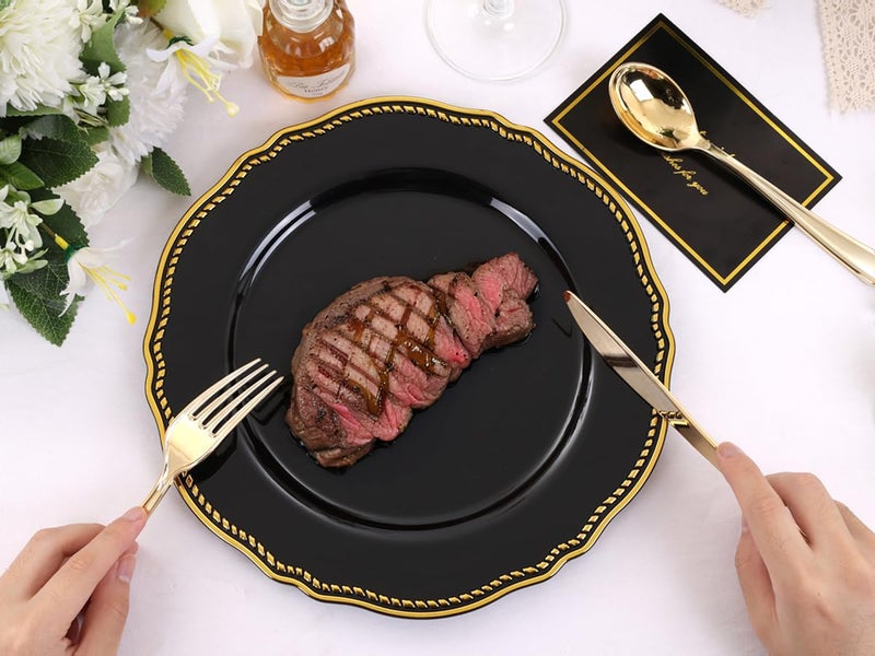Hioasis 60pcs Black Plastic Plates - Black and Gold Disposable Plates  7.5 inch Plastic Dessert Plates  Perfect for Wedding & Party & New Year - Image 1