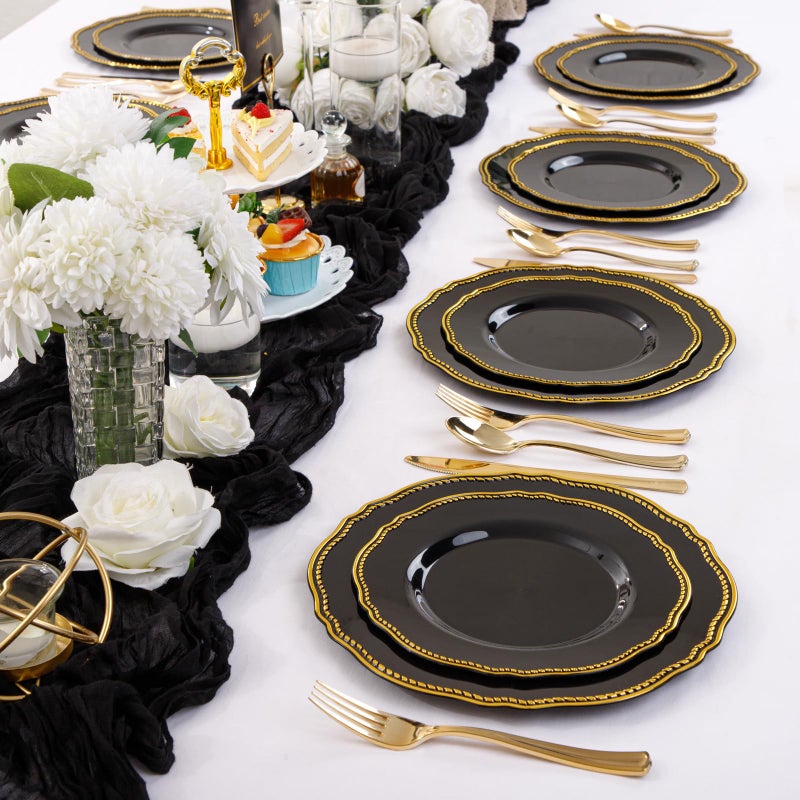 Hioasis 60pcs Black Plastic Plates - Black and Gold Disposable Plates  7.5 inch Plastic Dessert Plates  Perfect for Wedding & Party & New Year - Image 4