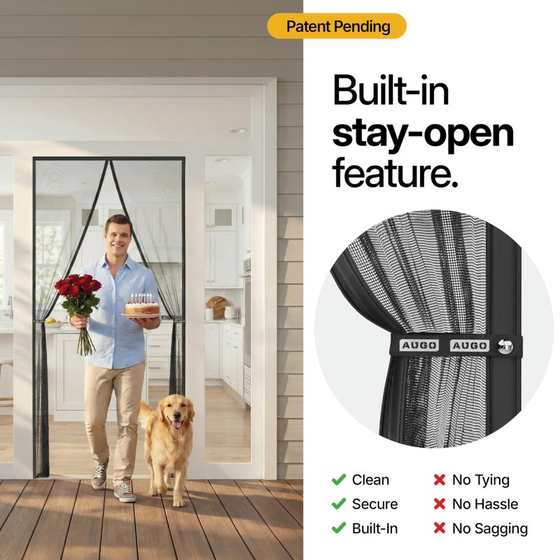 AUGO Magnetic Screen Door - Self Sealing, Heavy Duty, Hands Free Mesh Partition Keeps Bugs Out - Pet and Kid Friendly - Patent Pending Keep Open Feature - 38 Inch x 83 Inch - Image 3
