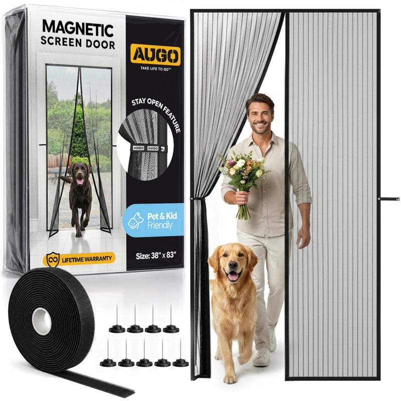 AUGO Magnetic Screen Door - Self Sealing, Heavy Duty, Hands Free Mesh Partition Keeps Bugs Out - Pet and Kid Friendly - Patent Pending Keep Open Feature - 38 Inch x 83 Inch - Image 1