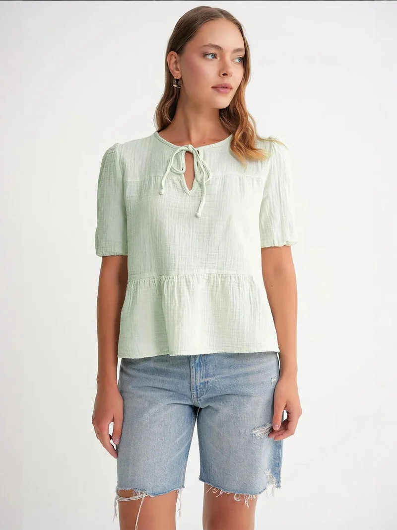 MixRay Mixray Textured Muslin Crew Neck Blouse with Binding Detail