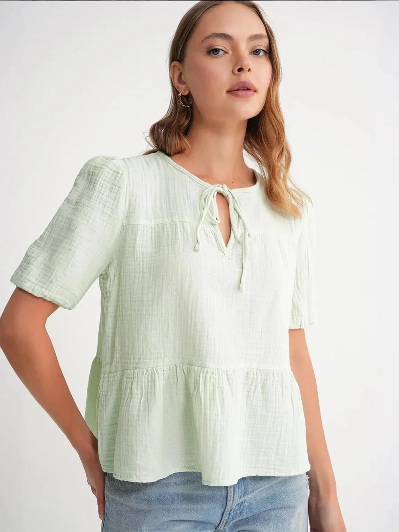 MixRay Mixray Textured Muslin Crew Neck Blouse with Binding Detail