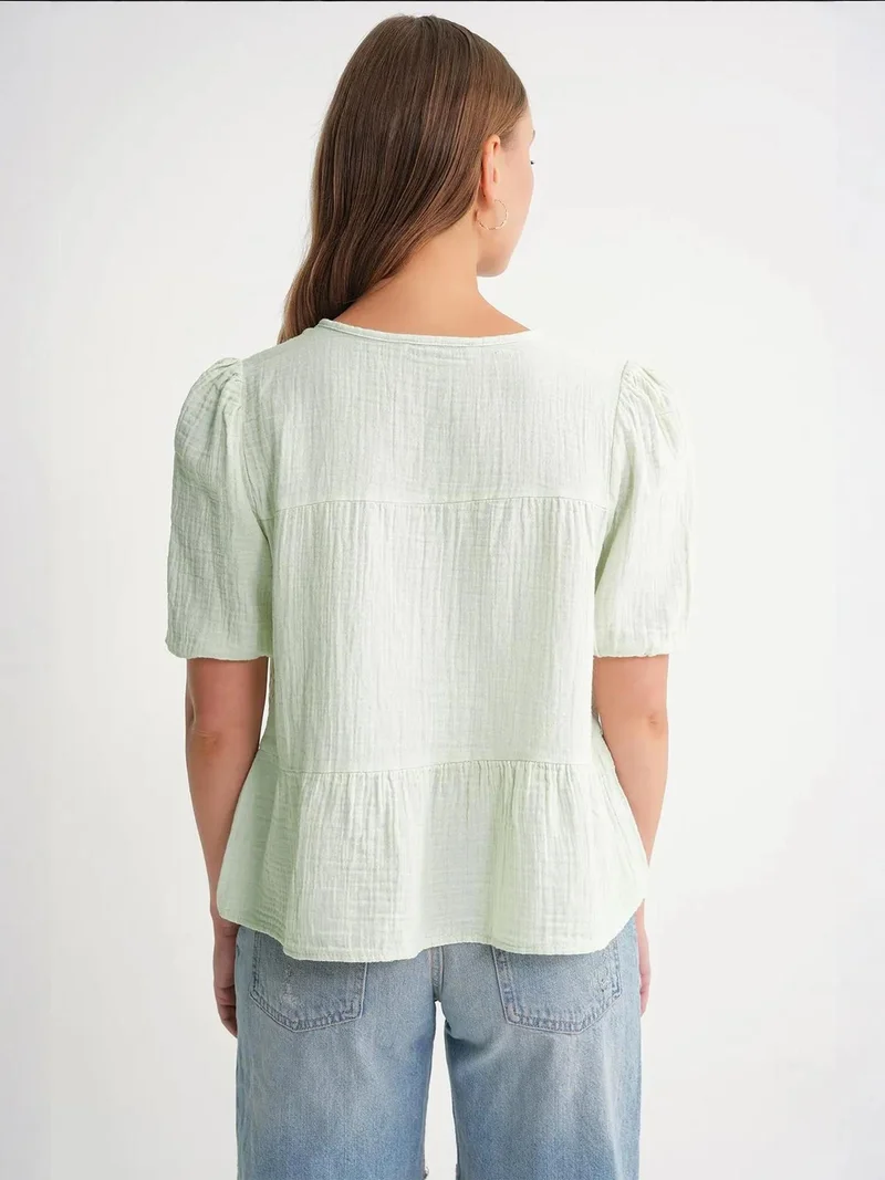 Mixray Sage Green Mixray Textured Muslin Crew Neck Blouse with Binding Detail for Women | Best Price UAE