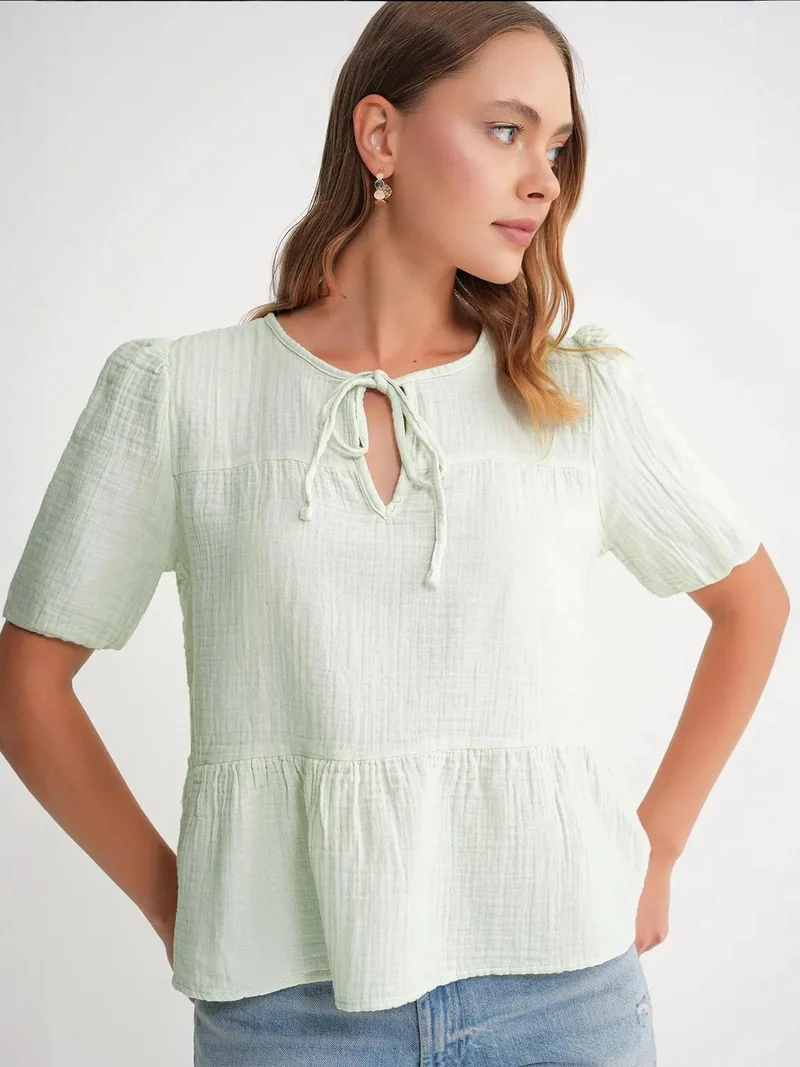 Mixray Sage Green Mixray Textured Muslin Crew Neck Blouse with Binding Detail for Women | Best Price UAE