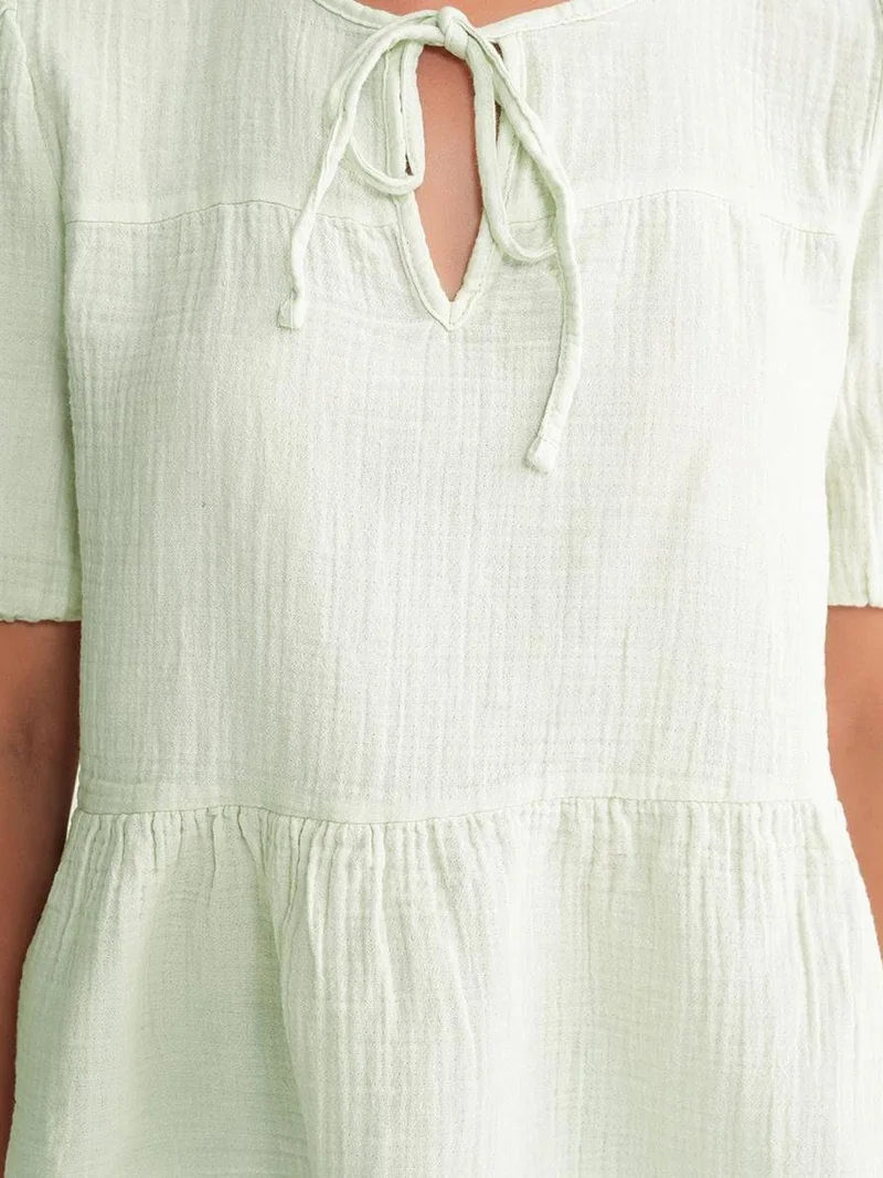 Mixray Sage Green Mixray Textured Muslin Crew Neck Blouse with Binding Detail for Women | Best Price UAE