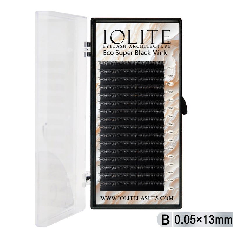 Iolite Super Black Mink Lash Extensions – B Curl 0.05T Mix (6mm–15mm) | Premium Black Mink Eyelash Extension Tray for Lash Artists ISBMB5T - 13MM