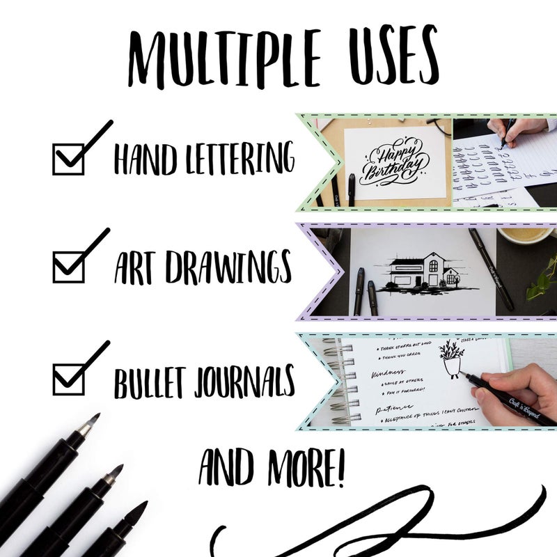 Craft 'n' Beyond Calligraphy Brush Pens Pack of 3 Small, Medium and Large Markers for Hand Lettering, Art Drawing, Sketching, Scrapbooking, Journaling - Beginner Kit with Fadeproof Black Ink - Image 5