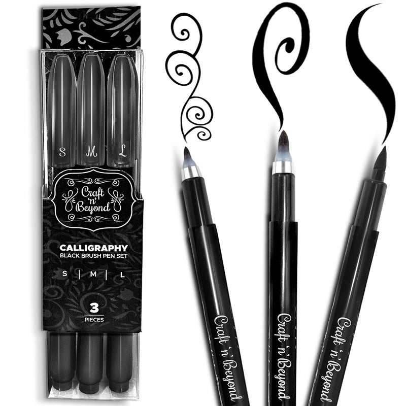 Craft 'n' Beyond Calligraphy Brush Pens Pack of 3 Small, Medium and Large Markers for Hand Lettering, Art Drawing, Sketching, Scrapbooking, Journaling - Beginner Kit with Fadeproof Black Ink - Image 1