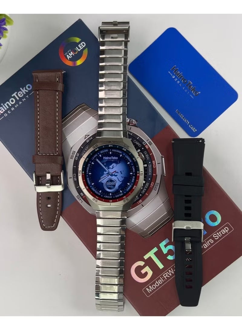 هينو تيكو ساعة Haino Teko GT5 PRO الذكيه , بشاشه AMOLED كبيرة عاليه الدقه , مقاومه للماء , تدعم تشغيل التطبيبقات واستقبال المكالمات , تدعم مميزات التتبع والعديد من المميزات الصحيه, 3 احزمه مرفقين للتبديل بينهم - Image 3