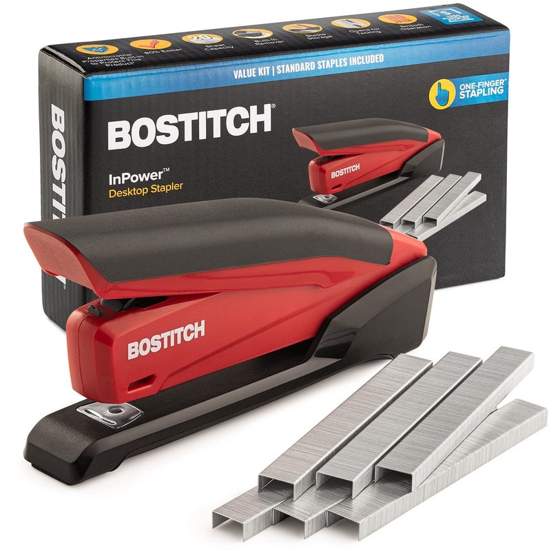 Bostitch Stapler - InPower, One Touch Heavy Duty Red Office Stapler with Built-in Staple Remover, 20 Sheet Capacity, 1260 Staples Included - Image 1