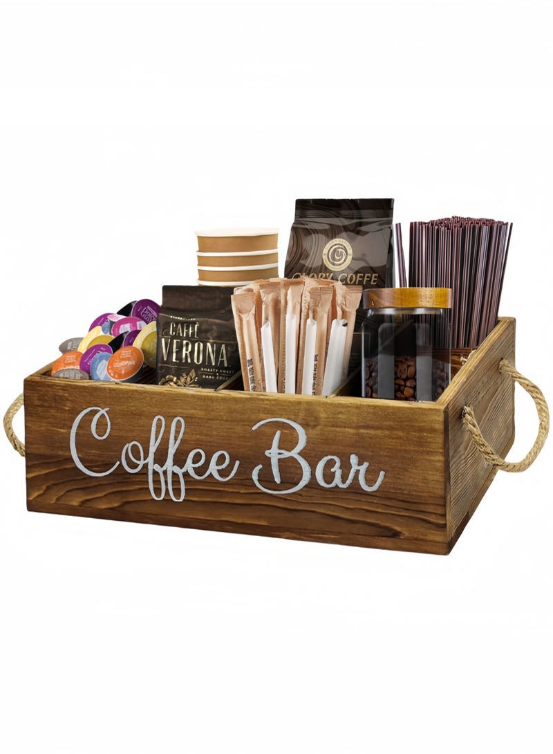 Relex Wooden Coffee Station Organizer, Tea Bag Organizer with 3 Removable Dividers, Coffee Station Holder for Bar Decor, Countertop, Kitchen  - Image 1