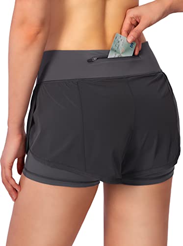 Soothfeel Women's 2 in 1 Running Shorts Workout Athletic Gym Yoga Shorts for Women with Phone Pockets Dark Grey - Image 2