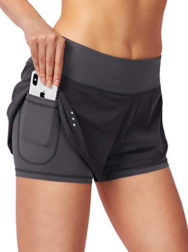 Soothfeel Women's 2 in 1 Running Shorts Workout Athletic Gym Yoga Shorts for Women with Phone Pockets Dark Grey - Image 1