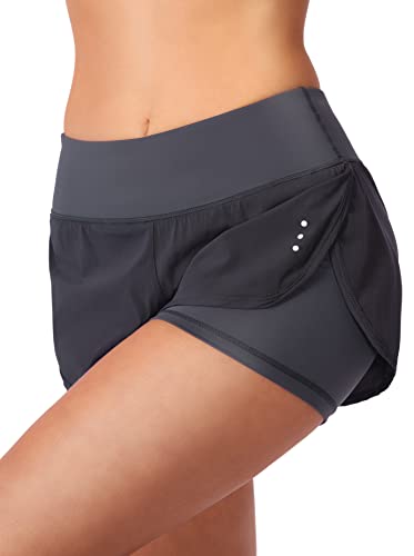 Soothfeel Women's 2 in 1 Running Shorts Workout Athletic Gym Yoga Shorts for Women with Phone Pockets Dark Grey - Image 3