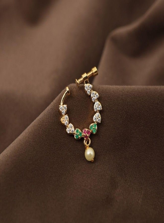 ZEELLO Gold Plated Nose Ring with Pearl Drop, Floral Design with Green and Pink Cubic Zirconia Stones, Traditional Style, Screw Back Closure - Image 3