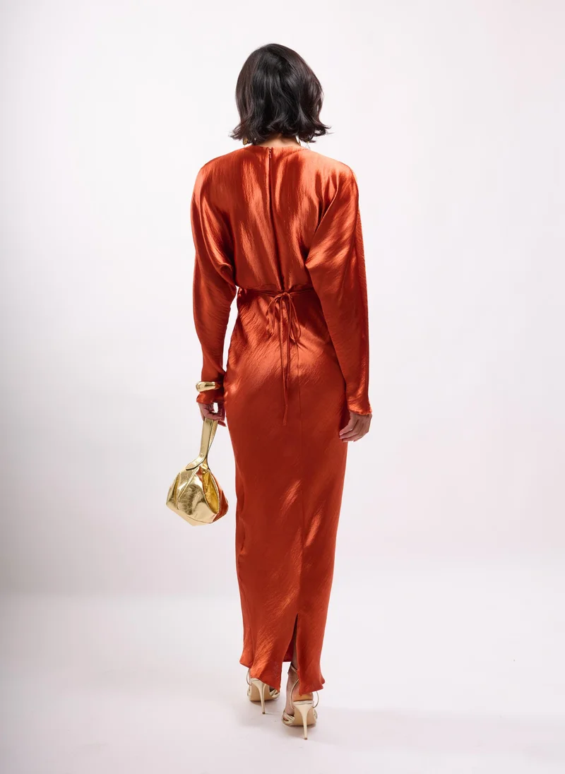 Faia burnt orange High Shine Satin Maxi with Tie in Rust for Women | Best Price UAE