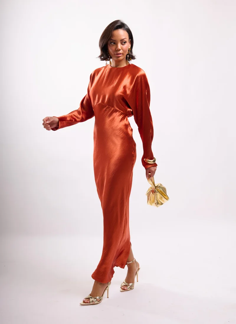 Faia burnt orange High Shine Satin Maxi with Tie in Rust for Women | Best Price UAE