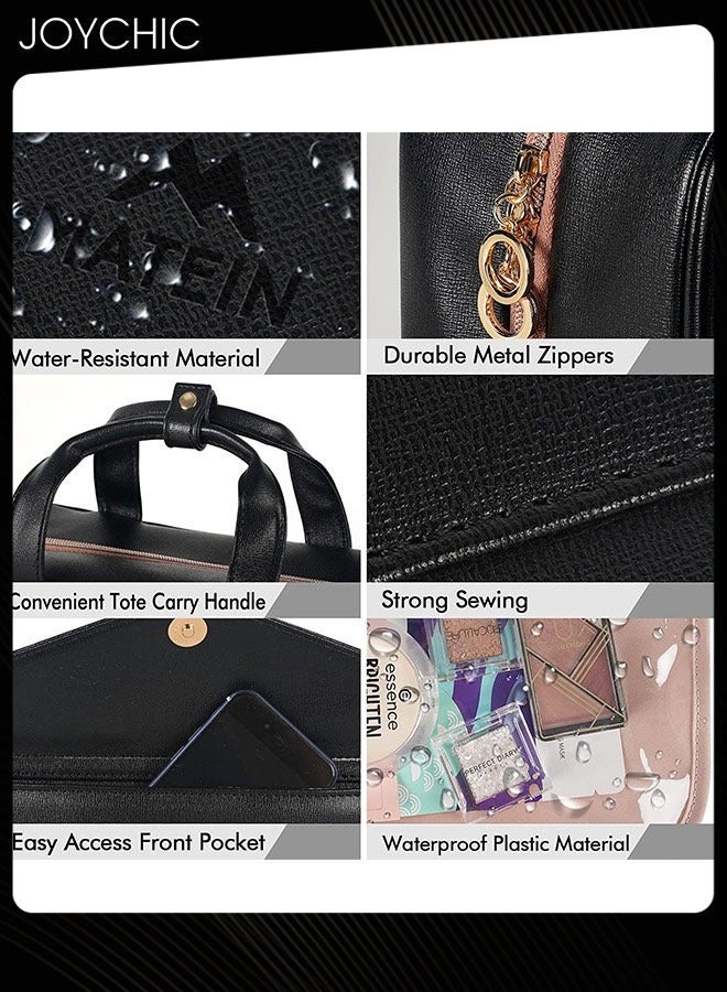 Joychic حقيبة مستحضرات التجميل المعلقة للسفر للنساء حقيبة تجميل كبيرة مقاومة للماء منظم السفر حاوية بحجم كامل مع حوامل مطاطية لمستحضرات التجميل والفرش والزجاجات سوداء - Image 2