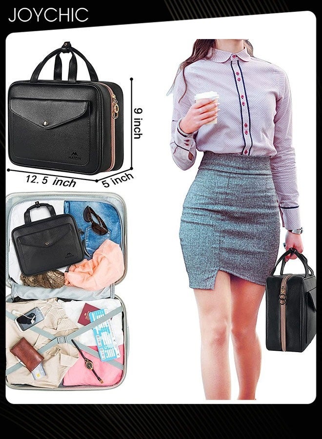 Joychic حقيبة مستحضرات التجميل المعلقة للسفر للنساء حقيبة تجميل كبيرة مقاومة للماء منظم السفر حاوية بحجم كامل مع حوامل مطاطية لمستحضرات التجميل والفرش والزجاجات سوداء - Image 4