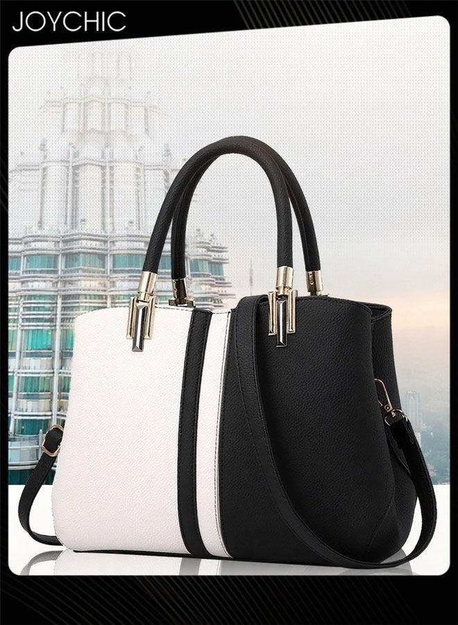 Joychic حقيبة يد نسائية كلاسيكية بألوان متباينة، حقيبة كتف كبيرة الحجم ومتعددة الجيوب، مصنوعة من قماش البولي يوريثين، حقيبة كروس بودي مقاومة للماء، باللونين الأسود والأبيض - Image 1