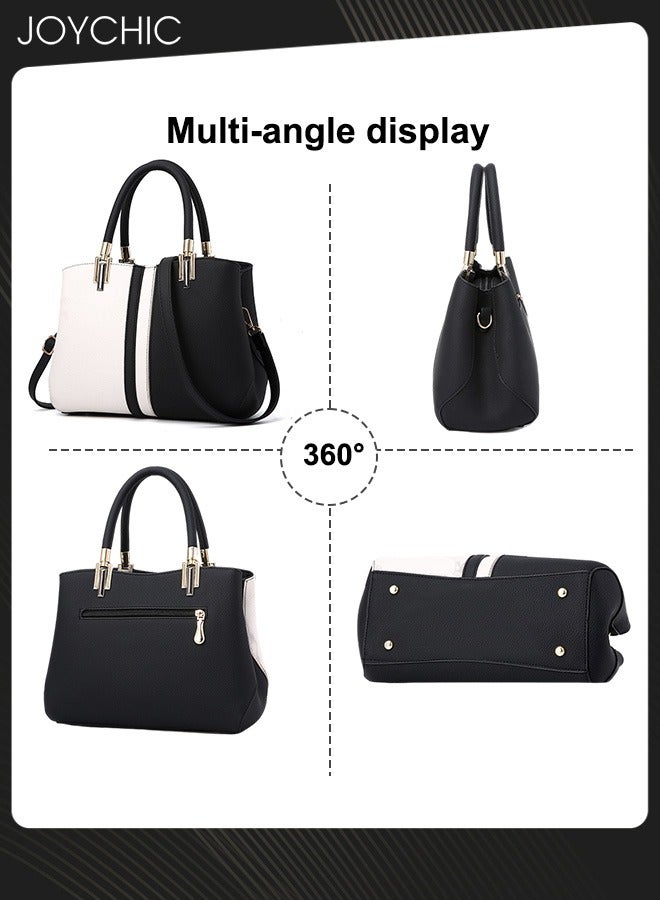 Joychic حقيبة يد نسائية كلاسيكية بألوان متباينة، حقيبة كتف كبيرة الحجم ومتعددة الجيوب، مصنوعة من قماش البولي يوريثين، حقيبة كروس بودي مقاومة للماء، باللونين الأسود والأبيض - Image 4