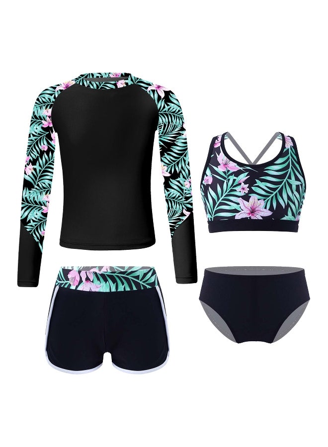 Generic Girls 4Pcs Swim Set Long Sleeve Mock Neck Top Strappy Back Crop Top Elastic Shorts Briefs
