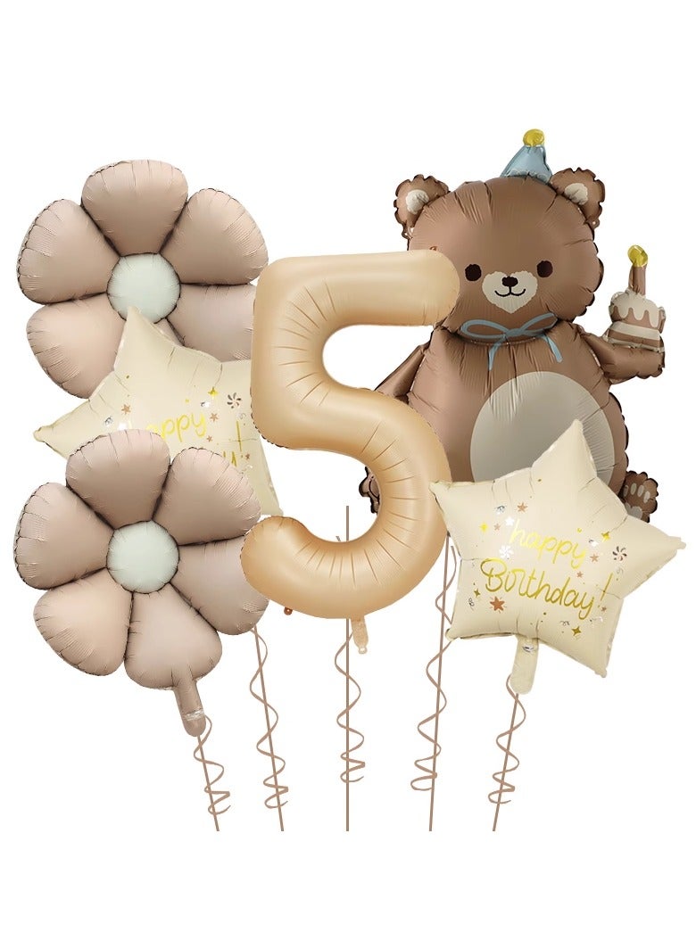 5st Birthday  Decoration Supplies 40 Inch Matte Caramel Color Digital Bear Daisy Flower Aluminum Film Balloon Set
