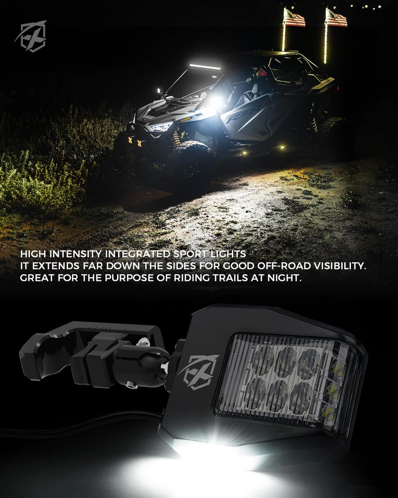 Xprite Xprite UTV LED Side Rear View Mirrors Light Aluminum w/Puddle Lights, Fits 1.75"-2 Inch Roll Cage Bar for Polaris RZR Pioneer, SXS, Can-Am X3, Kawasaki Teryx Mule, Yamaha Rhino Wolverine  - Image 2