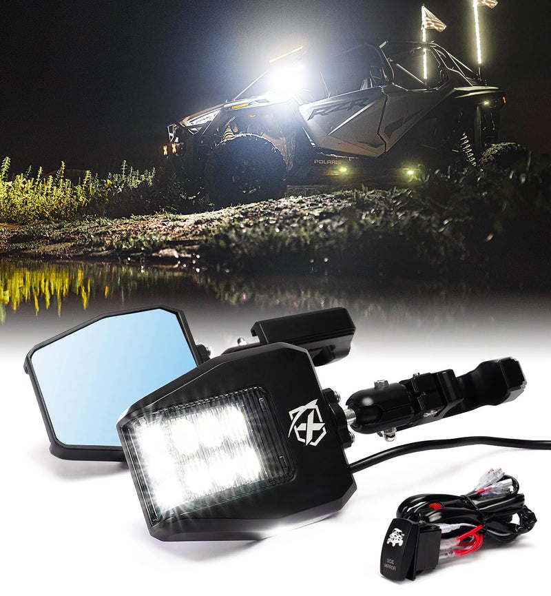 Xprite Xprite UTV LED Side Rear View Mirrors Light Aluminum w/Puddle Lights, Fits 1.75"-2 Inch Roll Cage Bar for Polaris RZR Pioneer, SXS, Can-Am X3, Kawasaki Teryx Mule, Yamaha Rhino Wolverine  - Image 1