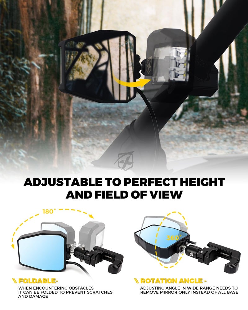 Xprite Xprite UTV LED Side Rear View Mirrors Light Aluminum w/Puddle Lights, Fits 1.75"-2 Inch Roll Cage Bar for Polaris RZR Pioneer, SXS, Can-Am X3, Kawasaki Teryx Mule, Yamaha Rhino Wolverine  - Image 4