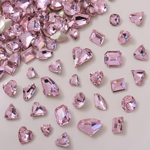 KDCQAH 48 Pcs Big Mix Sizes Different Shape Nail Rhinestones 12 Styles 3D Glass Crystals Diamonds Love Distorts Heart Super Shiny Charms Gems Stones DIY Nail Art Decoration Craft Jewelry (Pink) - Image 1