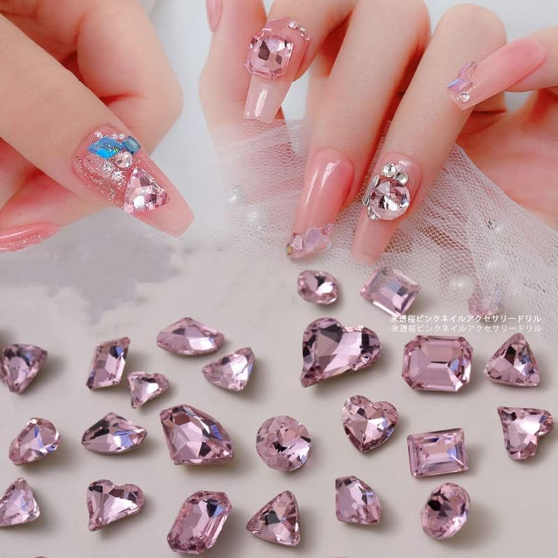 KDCQAH 48 Pcs Big Mix Sizes Different Shape Nail Rhinestones 12 Styles 3D Glass Crystals Diamonds Love Distorts Heart Super Shiny Charms Gems Stones DIY Nail Art Decoration Craft Jewelry (Pink) - Image 2