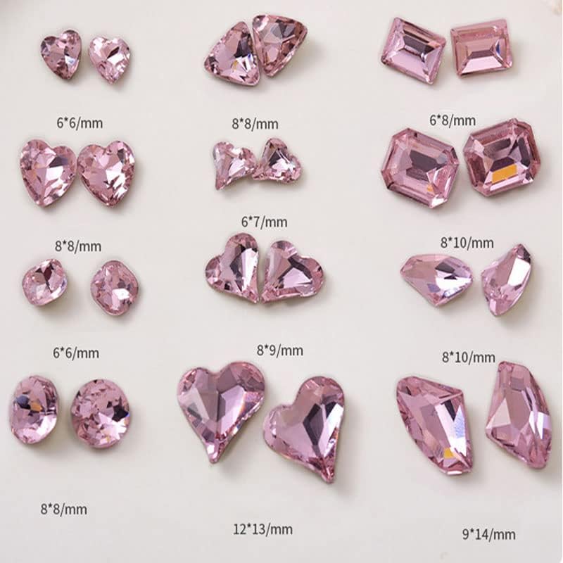 KDCQAH 48 Pcs Big Mix Sizes Different Shape Nail Rhinestones 12 Styles 3D Glass Crystals Diamonds Love Distorts Heart Super Shiny Charms Gems Stones DIY Nail Art Decoration Craft Jewelry (Pink) - Image 3