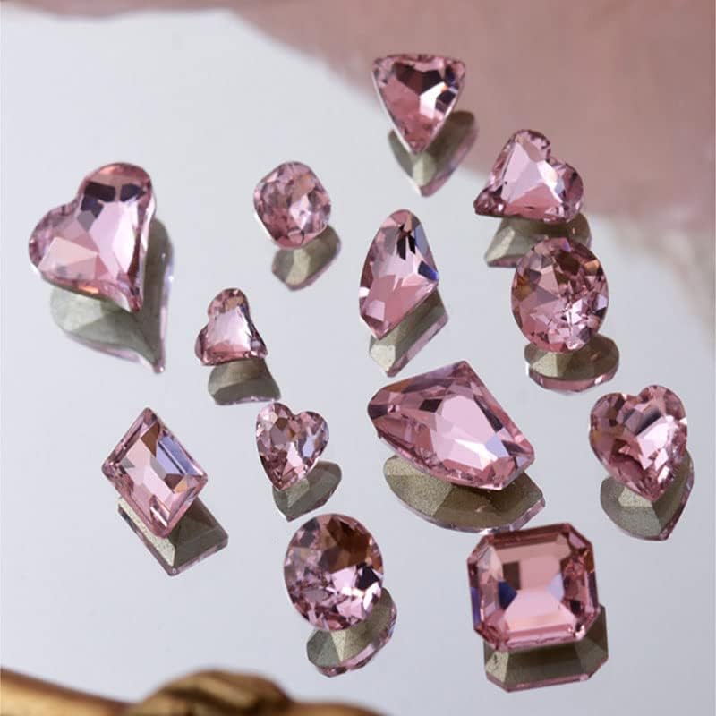 KDCQAH 48 Pcs Big Mix Sizes Different Shape Nail Rhinestones 12 Styles 3D Glass Crystals Diamonds Love Distorts Heart Super Shiny Charms Gems Stones DIY Nail Art Decoration Craft Jewelry (Pink) - Image 4