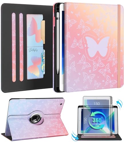 Kidcube for iPad 9th/8th/7th Generation Case 10.2 Inch - for Women Girls Kid Cute Rotating Stand Folio Cover with Pencil Holder & Card Slot Girly Kawaii Butterfly Design for iPad 9th/8th/7th Gen Cases - Image 1
