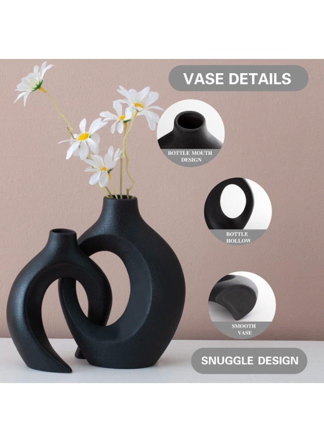 Black Ceramic Vases Set of 2, Small Minimalist Modern Donut Design for Home Decor - Image 1