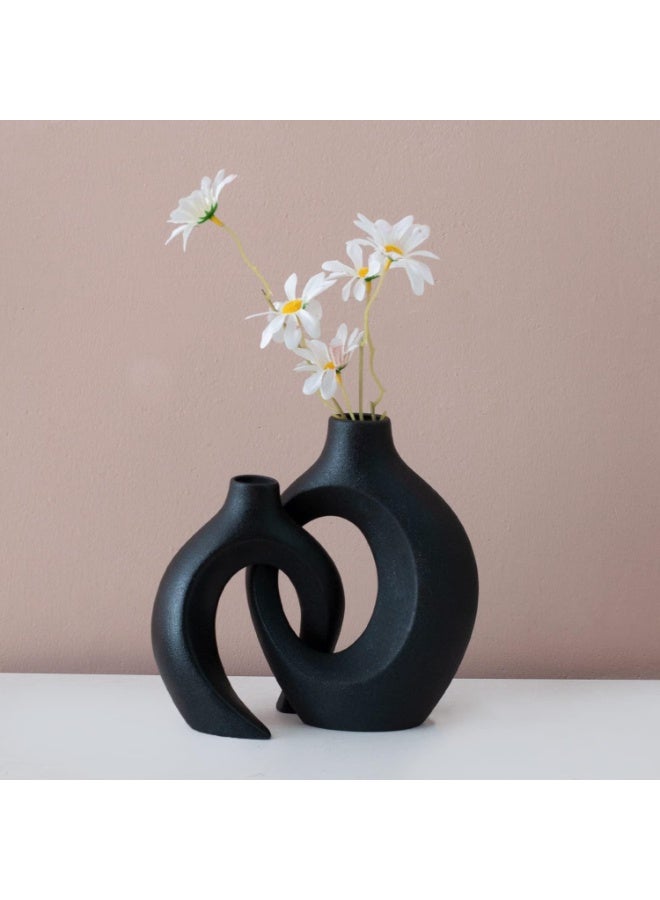 Black Ceramic Vases Set of 2, Small Minimalist Modern Donut Design for Home Decor - Image 2
