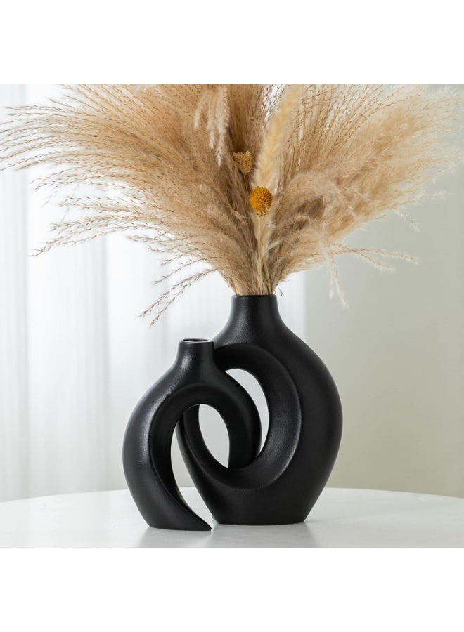 Black Ceramic Vases Set of 2, Small Minimalist Modern Donut Design for Home Decor - Image 3