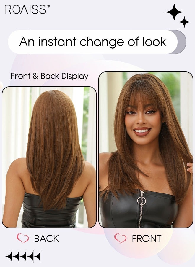 رويس باروكة شعر طويل مستقيم مع غرة للنساء، شعر مستعار صناعي ناعم طبيعي مقاوم للحرارة لحفلات الزفاف والتنكر والارتداء اليومي، بني متدرج، 55 سم (22 بوصة) - Image 2